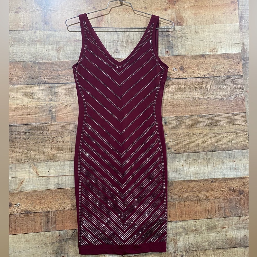 Carmen Marc Valvo Designer Maroon Rhinestone Embellished Dress Size Medium